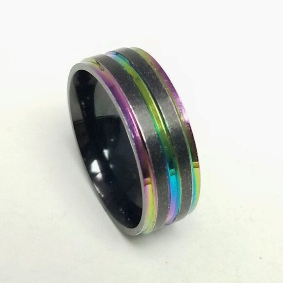 Vintage Rainbow Metallic Black Band Ring, Stacking, Size 11 - Picture 1 of 6